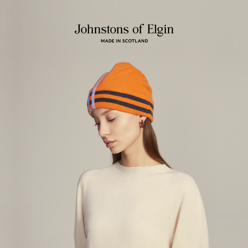 Johnstons of Elgin 条纹橙色羊绒针织帽秋冬冷帽女 565.8元