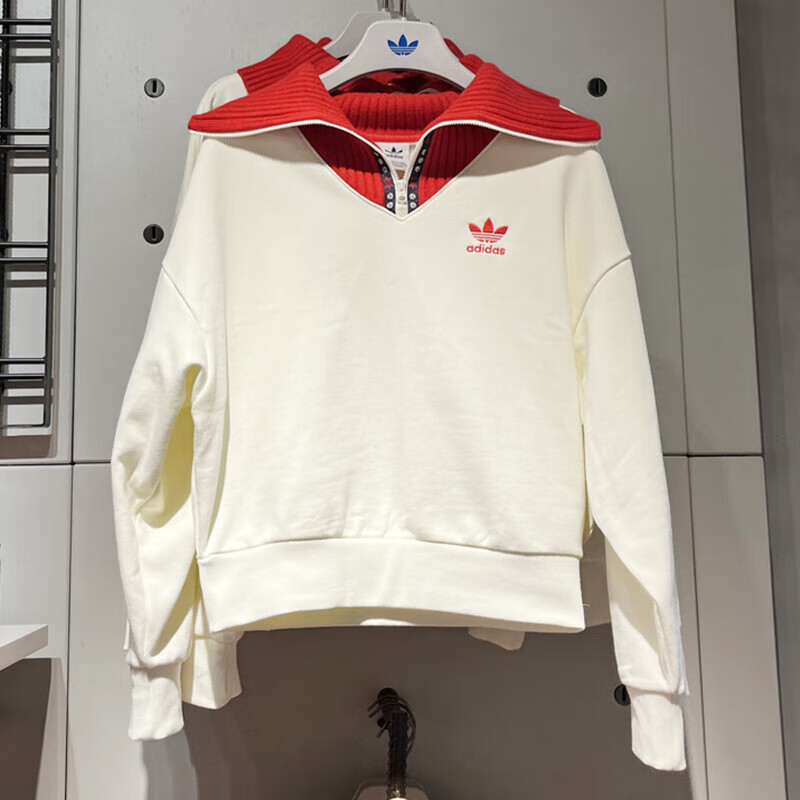 adidas 阿迪达斯 卫衣女装2024春季三叶草运动服翻领上衣套头衫 JE1606白红新年