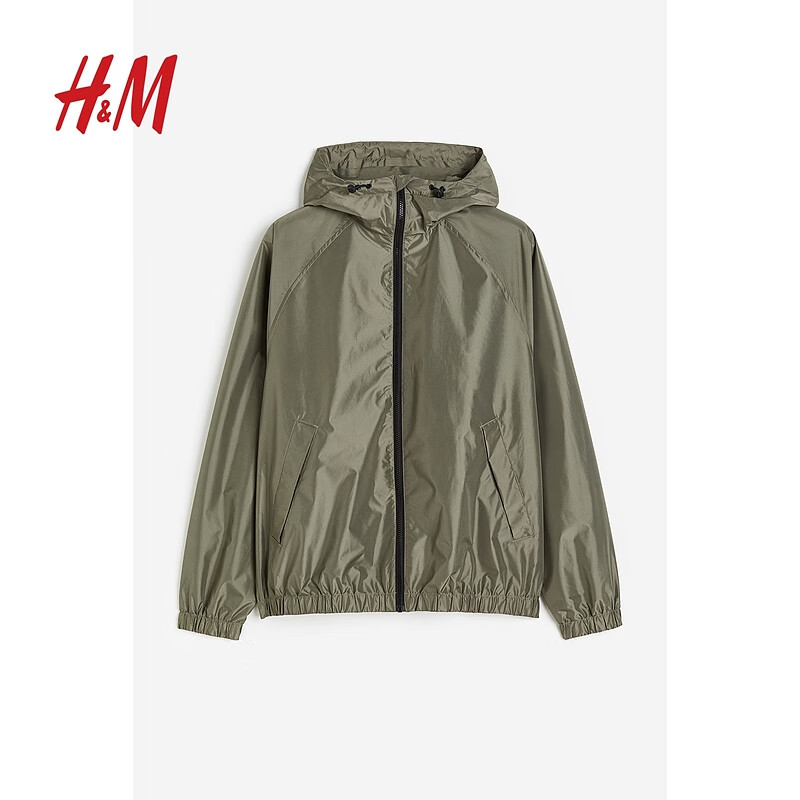 H&M 风衣冬季 疏水连帽长袖合身抽绳外套1129749 绿色 170/92A 143元