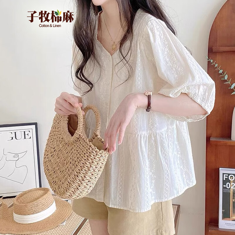 子牧棉麻 2025春装 女文艺百搭衬衫通勤甜美V领灯笼短袖娃娃衫上衣8144 米杏