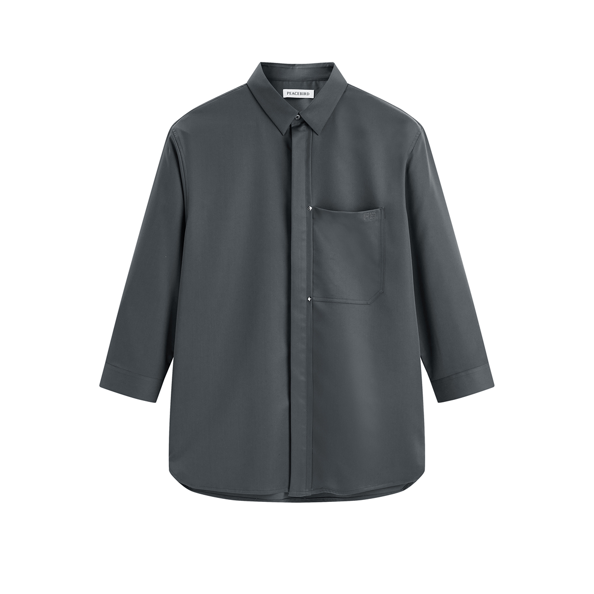 PEACEBIRD 太平鸟 男装 七分袖墨绿翻领衬衣男时尚休闲褶裥设计净色衬衫 150元