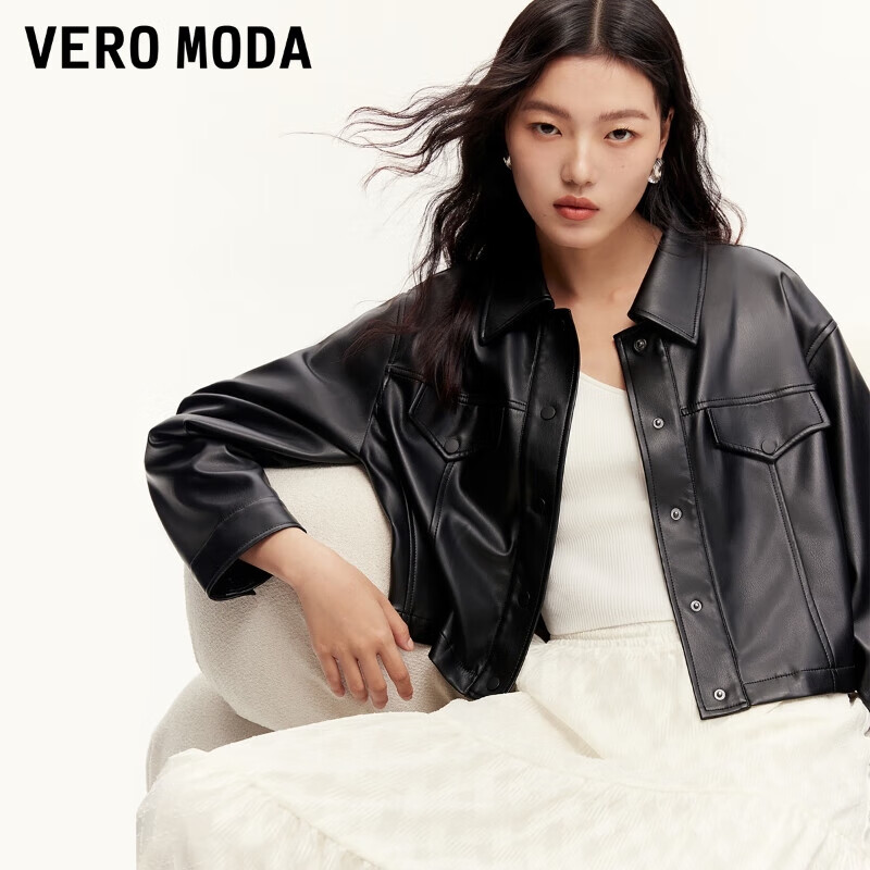 VERO MODA VEROMODA短外套女2024秋季女装翻领简约质感百搭PU仿皮外套 短款-黑色 1