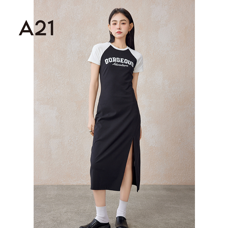 A21 女装圆领插肩短袖直筒针织连衣裙夏季美式撞色设计感开叉裙子 179元（需用券）