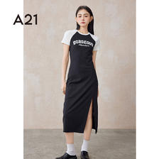 A21 女装圆领插肩短袖直筒针织连衣裙夏季美式撞色设计感开叉裙子 179元（