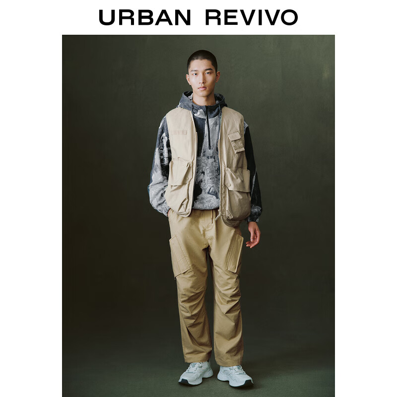 URBAN REVIVO UR2024春夏新款男装时尚休闲工装机能风口袋拉链马甲UML140002 卡其 L