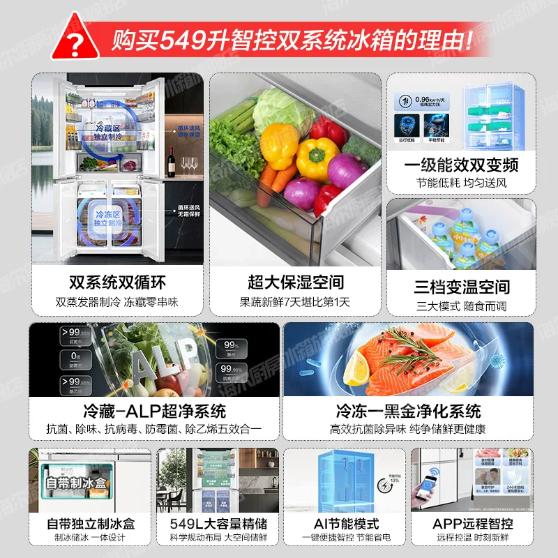 海尔 小红花系列 BCD-549WGHTDC9WFU1风冷十字门冰箱 549L 肤感白 3051.55元 - 线报酷