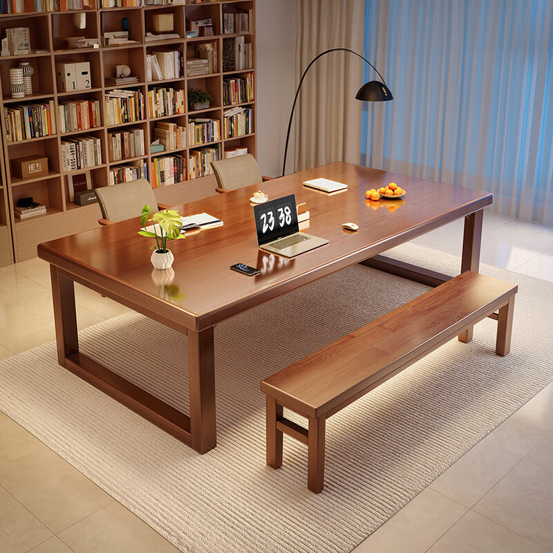 锦需 实木大长书桌家用长条办公桌家用长条大板桌四件套胡桃色200cm 3056.6元