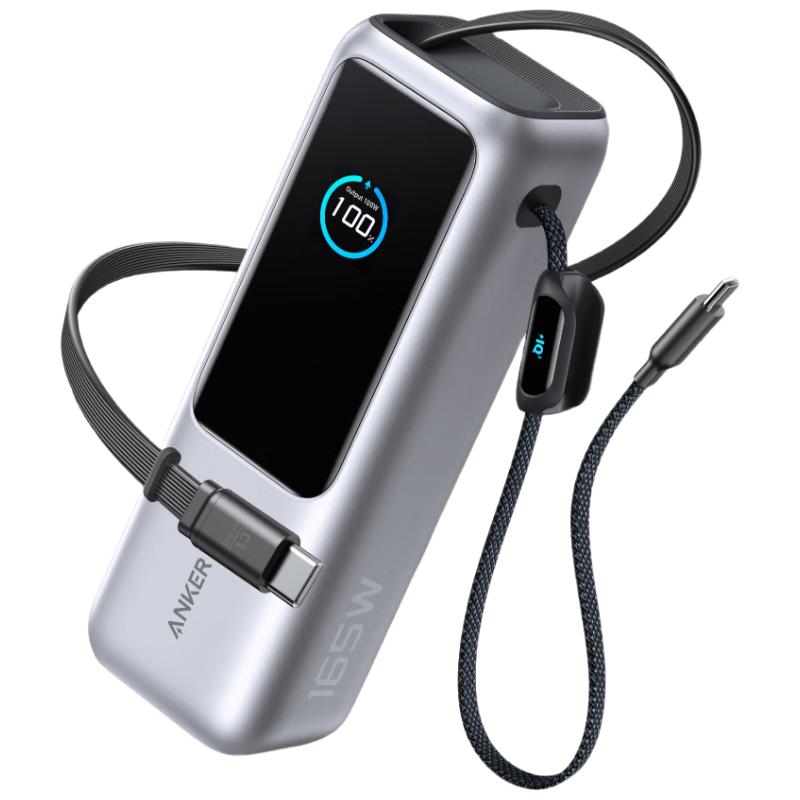 移动端、京东百亿补贴：Anker 高功率大容量 移动电源 自带线 25000mAh 银色 384