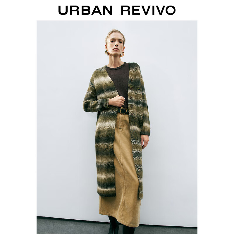 URBAN REVIVO UR2024冬季新款女装慵懒风条纹长款针织开衫UWH940104 绿色条纹 S 249.5