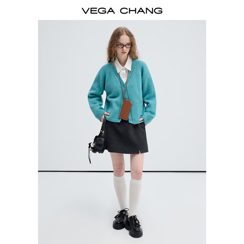 20点开始：VEGA CHANG 毛针织衫女 气质V领 孔雀蓝 均码 119元 包邮