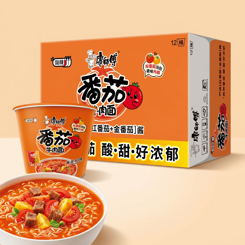 康师傅 经典桶装 方便面 辣番茄鸡蛋牛肉12桶 包装 1464g 51.12元