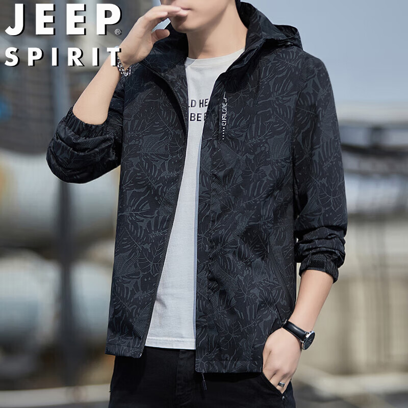 JEEP SPIRIT 吉普冲锋衣夹克男春秋季外套连帽防风冬款宽松百搭男装 黑色 3XL 3