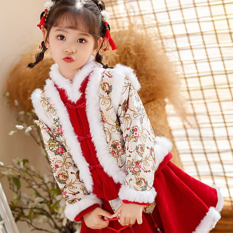 瑄妮薇 女童拜年服冬装儿童过新年衣服女宝宝周岁礼服汉服套装中国风唐装
