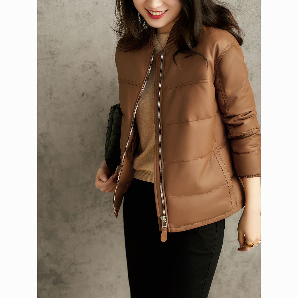 KELE COCO 小个子新款夹棉真皮皮衣女士棒球领加厚保暖绵羊皮外套 498元