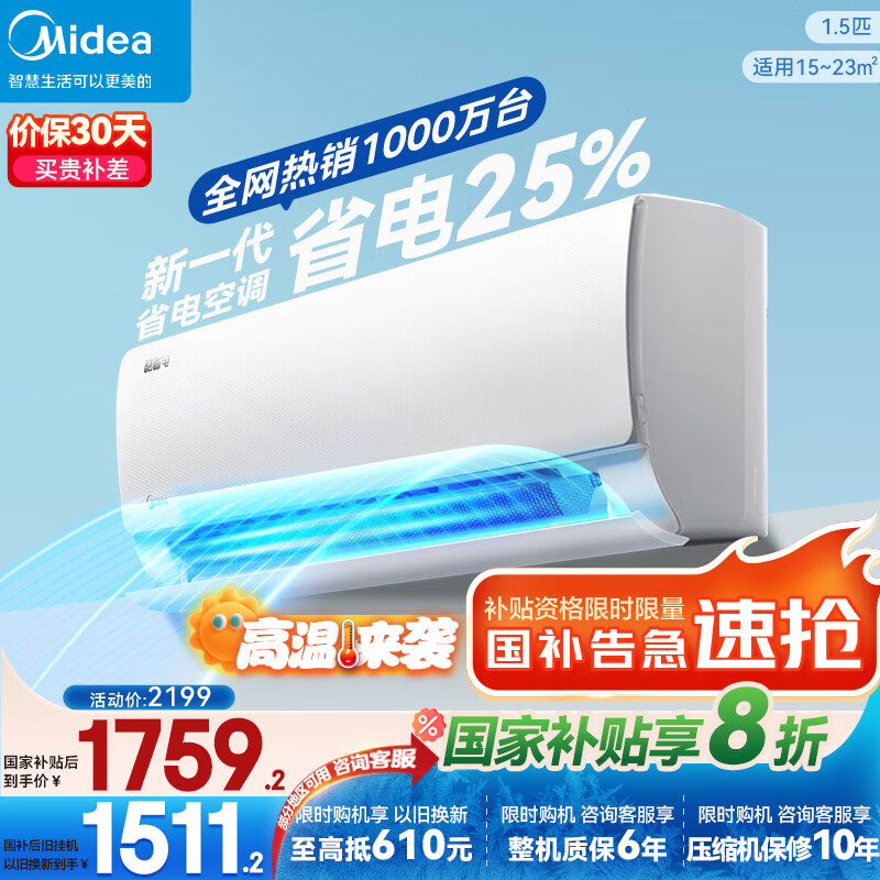 美的 酷省电系列 KFR-35GW/N8KS1-1 新一级能效 壁挂式空调 1.5匹 1751.2元