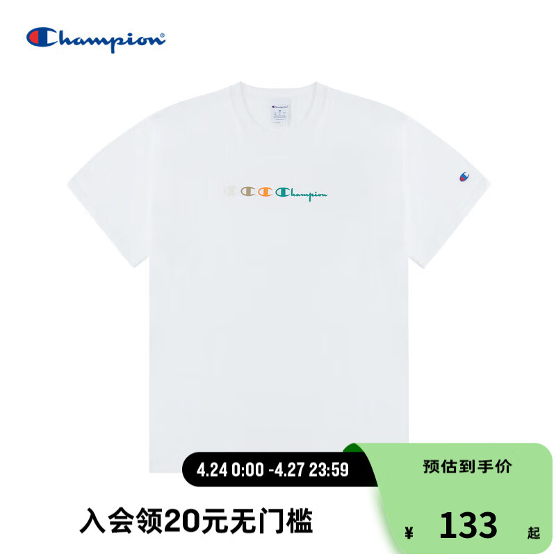 Champion 冠军夏季刺绣大C草写字母LOGO圆领T恤男 白色 M 122.42元