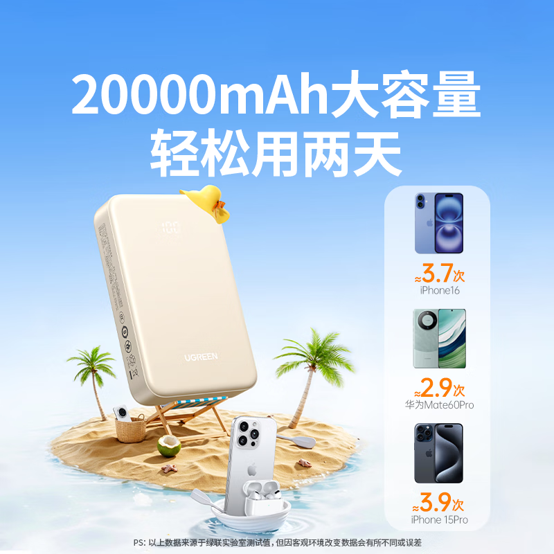绿联 PB508 20000mAh移动电源 PD 22.5W 59.99元(需用券)