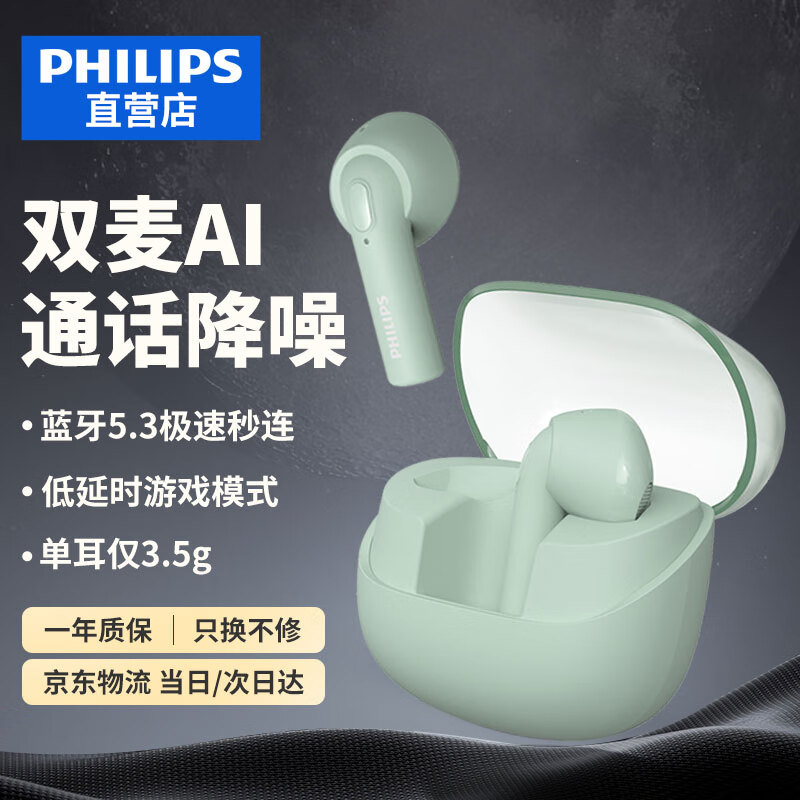 PHILIPS 飞利浦 真无线蓝牙耳机双麦AI通话降噪运动耳机苹果华为小米安卓手