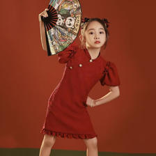 WEIMIYA 薇靡雅 女童旗袍夏装复古公主裙新款中国风红色儿童连衣裙 红色 170cm