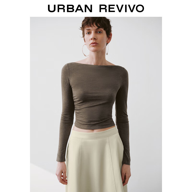 URBAN REVIVO UR2024秋季女装慵懒休闲一字领修身长袖T恤UWM440026 深咖棕 XL 79元（