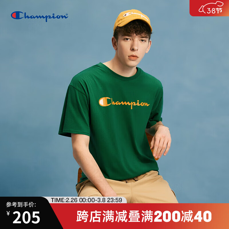 Champion 冠军T恤2024春夏复古美式休闲胶印草写logo短袖上衣 绿色 XL 239元（需