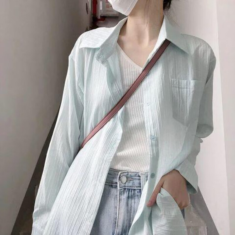 长袖薄款条纹衬衫上衣女设计感宽松衬衣外套 浅绿 均码（80-130斤） 39.8元（