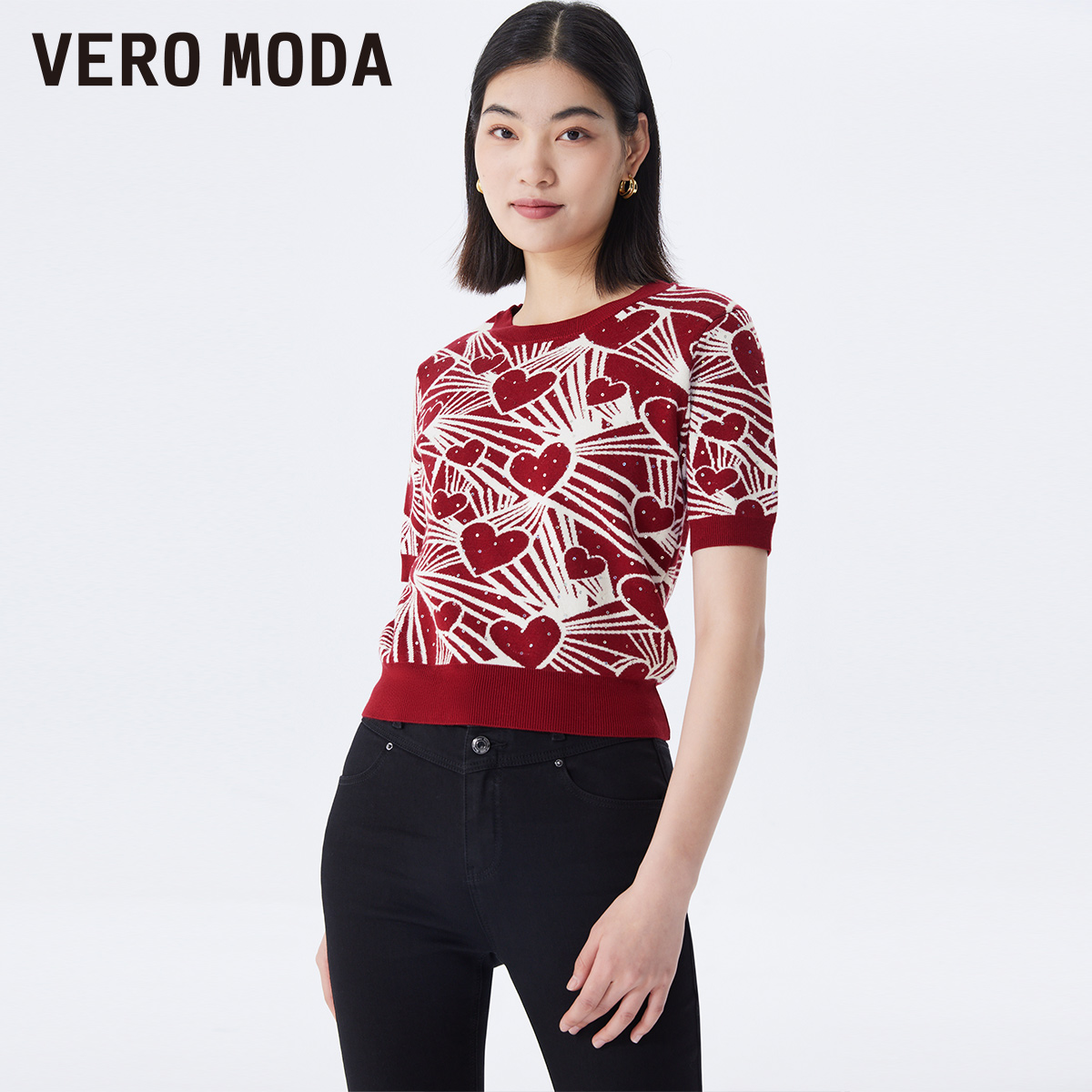 VERO MODA 绫致Vero Moda针织衫女24秋冬套头圆领泡泡袖印花休闲甜美潮 134元