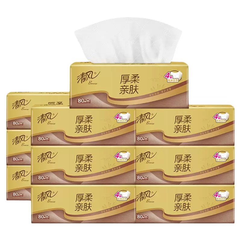 清风 金装厚柔亲肤压花抽纸 M码 4层*80抽*12包 ￥13.85