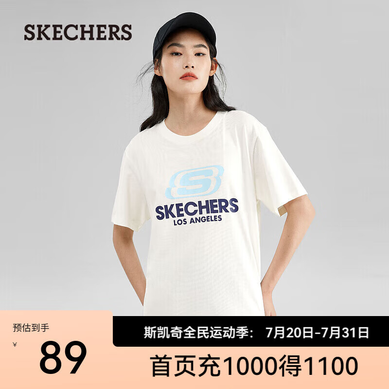 SKECHERS 斯凯奇 t恤女夏季圆领运动短袖上衣L122U199 棉花糖白/0074 165/84A/S ￥49.0