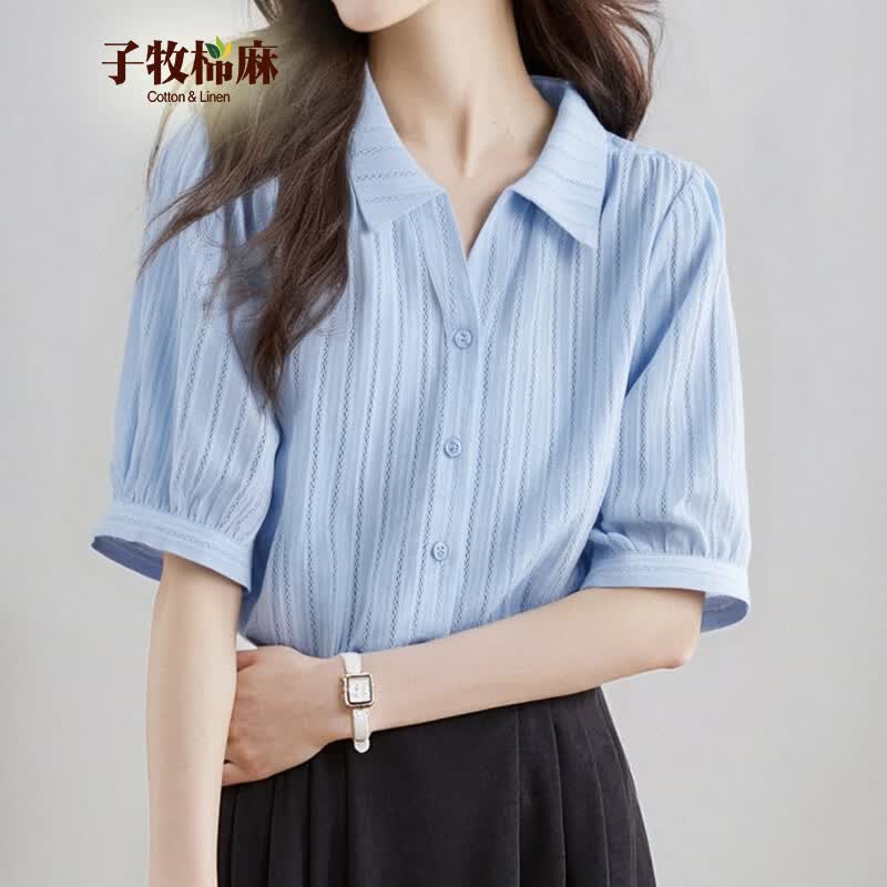 子牧棉麻 2026夏装 女法式时尚简约气质百搭通勤衬衫宽松显瘦短袖上衣5236 