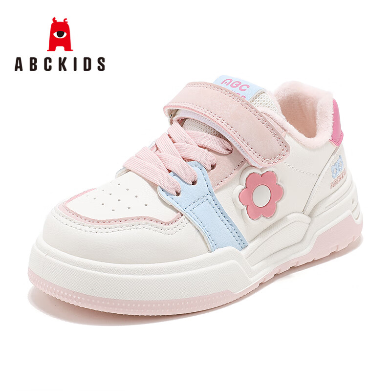 ABCKIDS ABC KIDS儿童运动鞋2024冬季甜美可爱小花保暖加绒舒适女童休闲板鞋 白