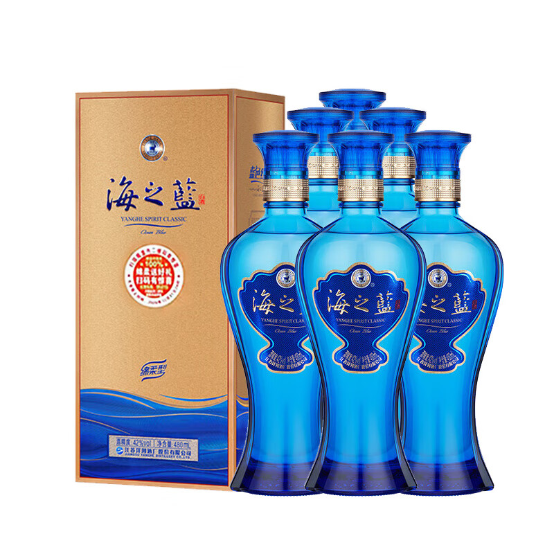 再降价：洋河 海之蓝 42° 浓香型 480ml 6瓶 730.6元(需领券)