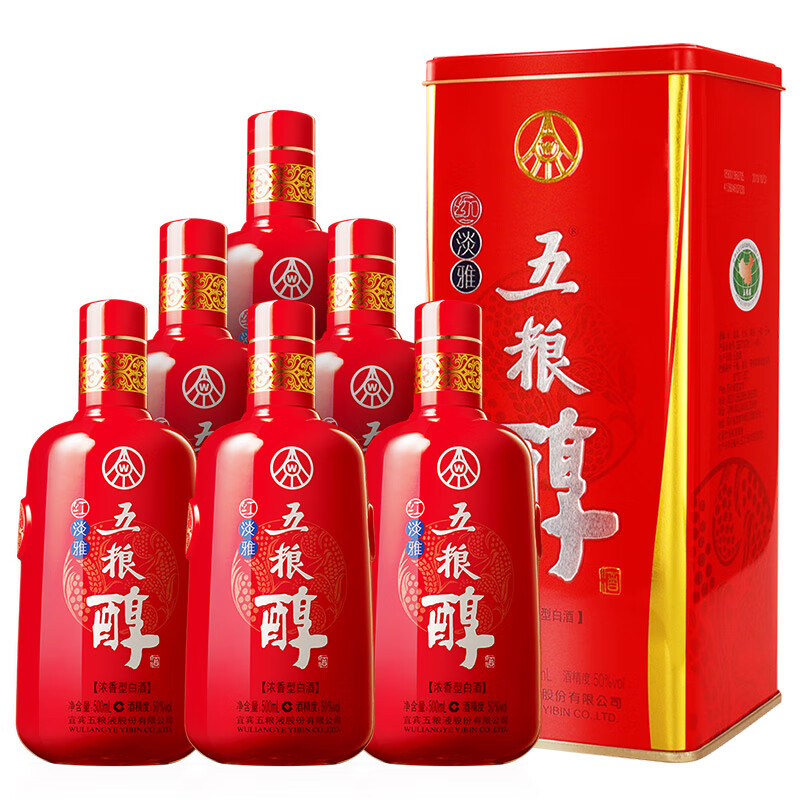 wuliangye 五粮液 五粮醇 红淡雅铁盒 浓香型白酒 50度 500ml*6瓶