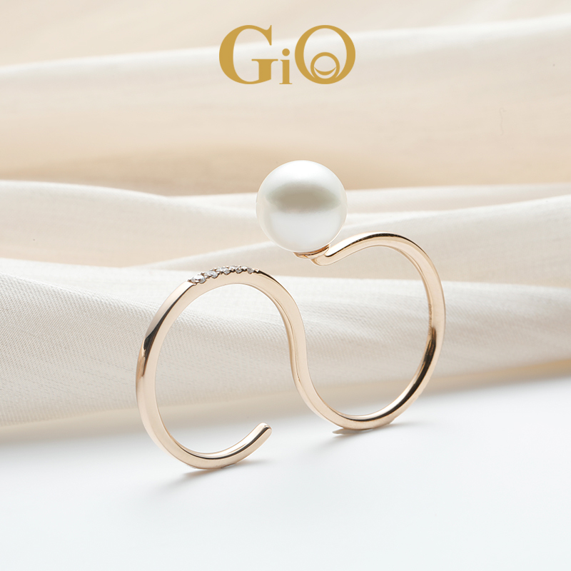 GiO珠宝 正圆强光Akoya海水珍珠戒指18K金个性双环 7560元