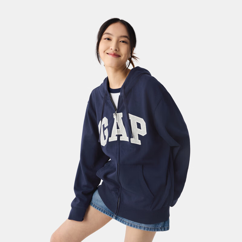 Gap 男女装2025春季字母logo拉链连帽卫衣多色外套868454美版 海军蓝 XS 美码 S亚