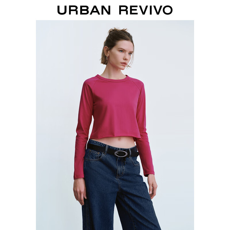 URBAN REVIVO UR2024秋季女装基础纯色趣味图案圆领长袖T恤UYY440036 玫红 XS 99元（