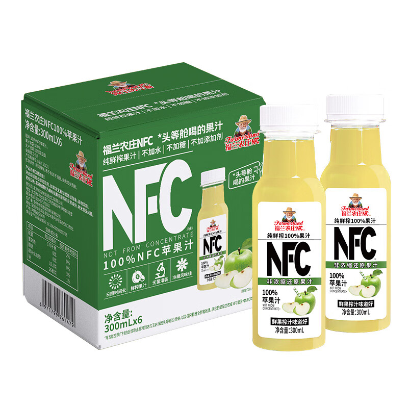 福兰农庄 100%NFC苹果汁纯鲜榨果汁饮料0添加剂0脂肪300ml*6瓶 15.9元（需用券）