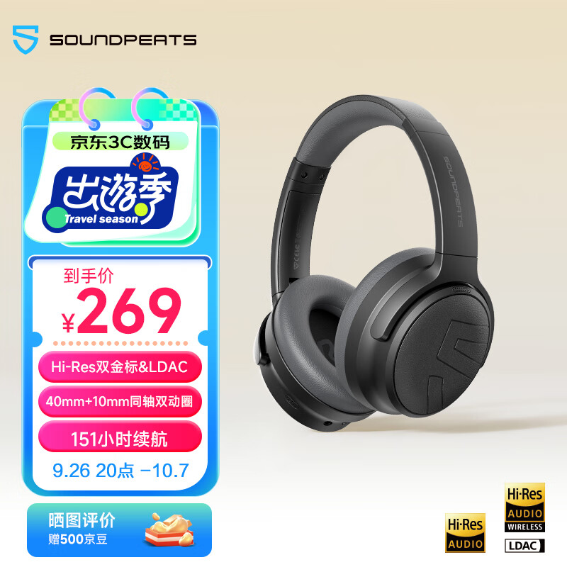 SOUNDPEATS 限湖北 泥炭（SoundPEATS）Space Pro双金标头戴式降噪蓝牙耳机 舒适佩