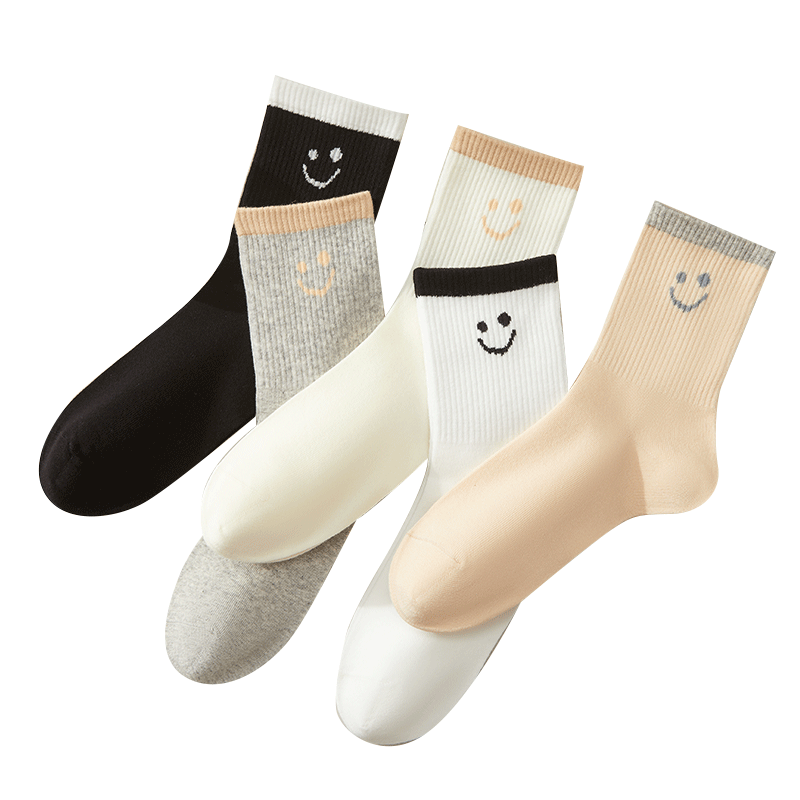 猫人 女士中筒袜 棉质 可爱笑脸10A抑菌 5双装 13.56元(需领券)