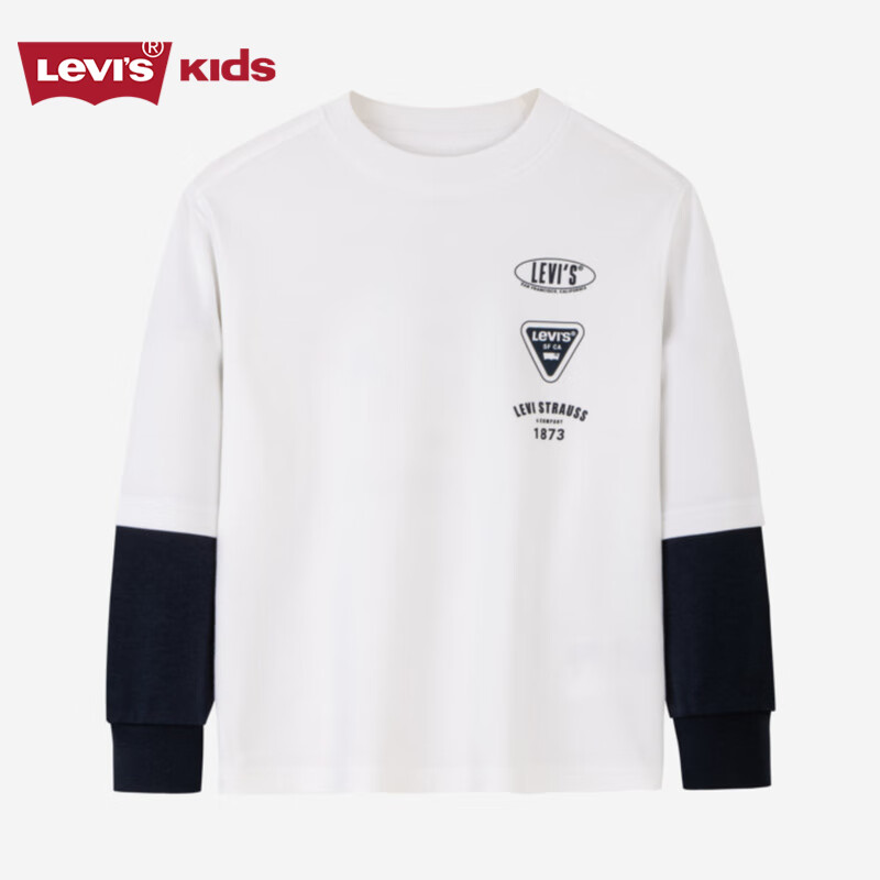 Levi's 李维斯 童装秋季新品男童长袖T恤儿童假两件时尚撞色上衣 明亮白 150/7