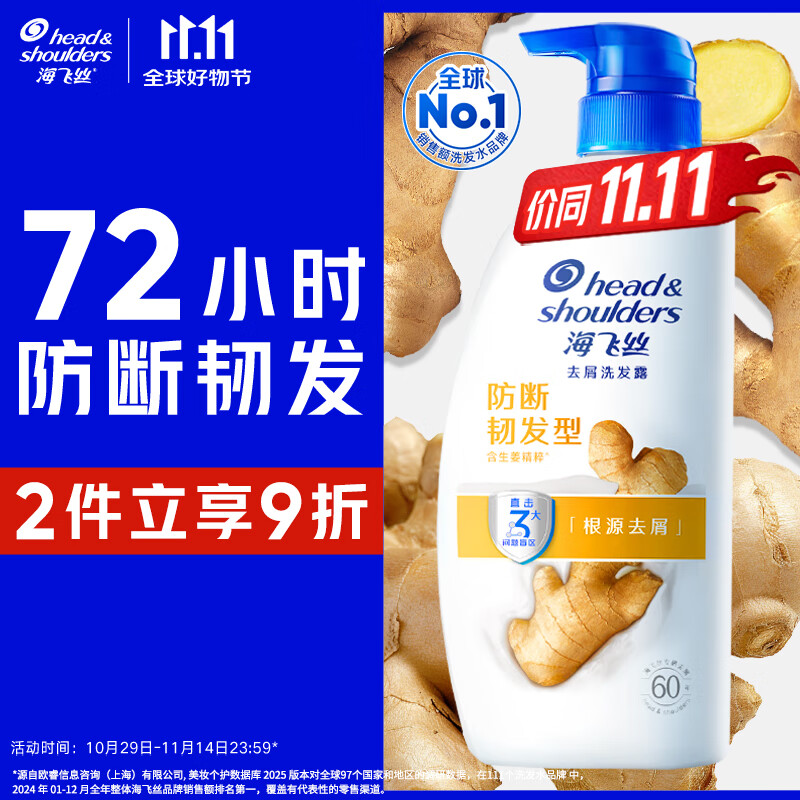 海飞丝 去屑洗发露 防断韧发型 1kg 32.33元（需买5件，需用券）