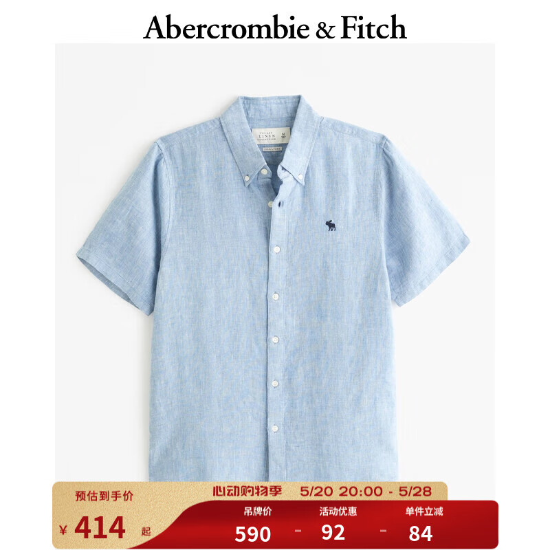 Abercrombie & Fitch 男装 24春夏休闲百搭小麋鹿纽扣式亚麻衬衫 356265-2 浅蓝色 M (