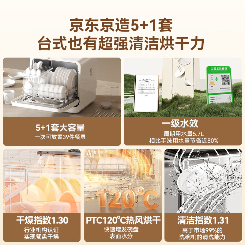 京东京造 5+1套台式洗碗机120℃热风烘干一级水效高温除菌活动碗篮家用小尺