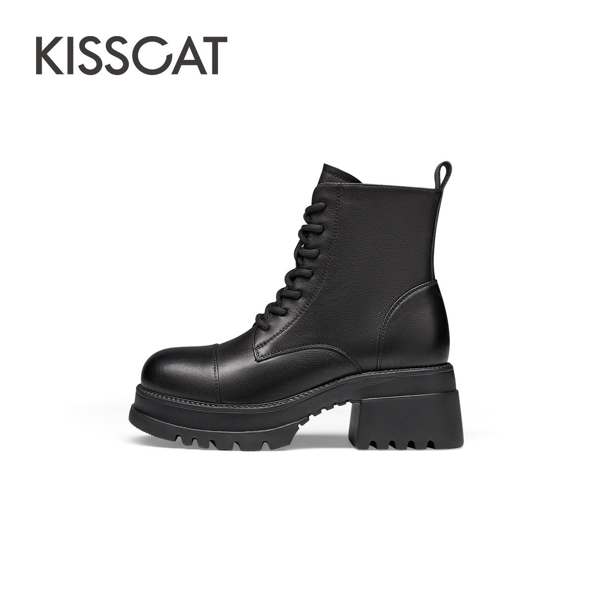 KISSCAT 接吻猫 2023冬季新款休闲厚底真皮短筒靴圆头加绒马丁靴女 749元（需