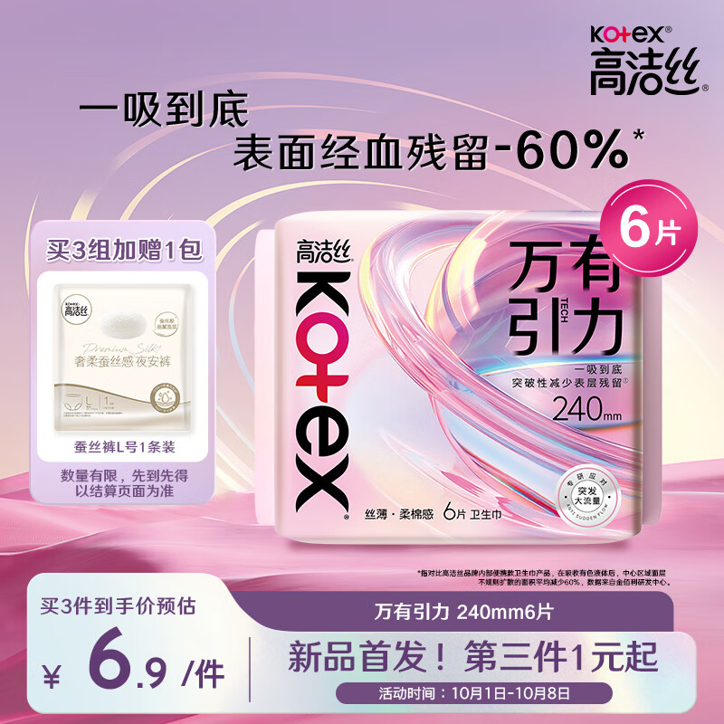 kotex 高洁丝 万有引力卫生巾240mm6片一吸到底日用超薄姨妈巾 6.9元（需买3件