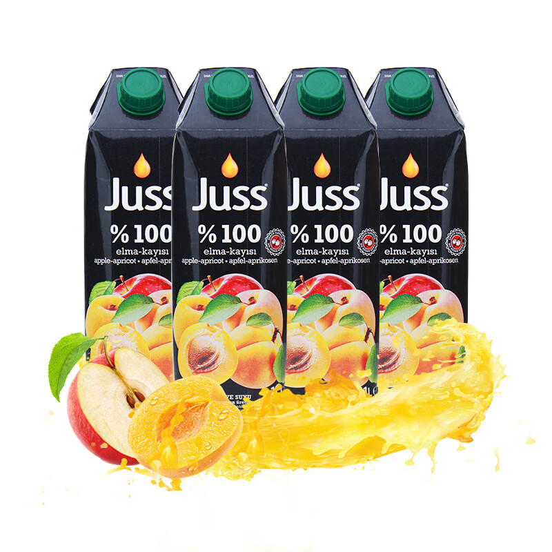 PLUS：圣可（JUSS） 土耳其进口100﹪杏子苹果混合果汁1L*4瓶果蔬汁 饮料 34.1元