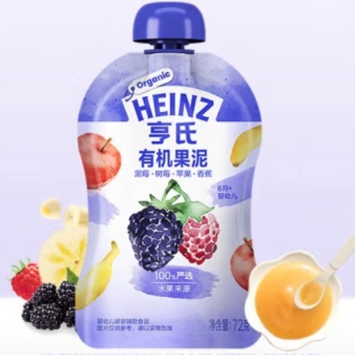 PLUS会员：Heinz 亨氏 黑莓树莓苹果香蕉有机果泥72g(婴儿辅食 6-36个月适用) 7.0