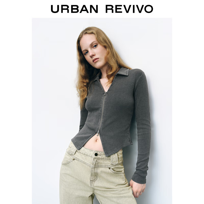 URBAN REVIVO UR2024秋季女潮流双拉链开衩修身长袖开襟衬衫UYY240015 深灰 XS 219元