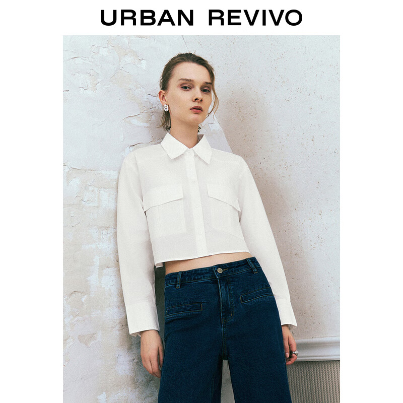 URBAN REVIVO UR2024秋季女简约纯色双口袋短款长袖开襟衬衫UYY240008 本白 XL 199元