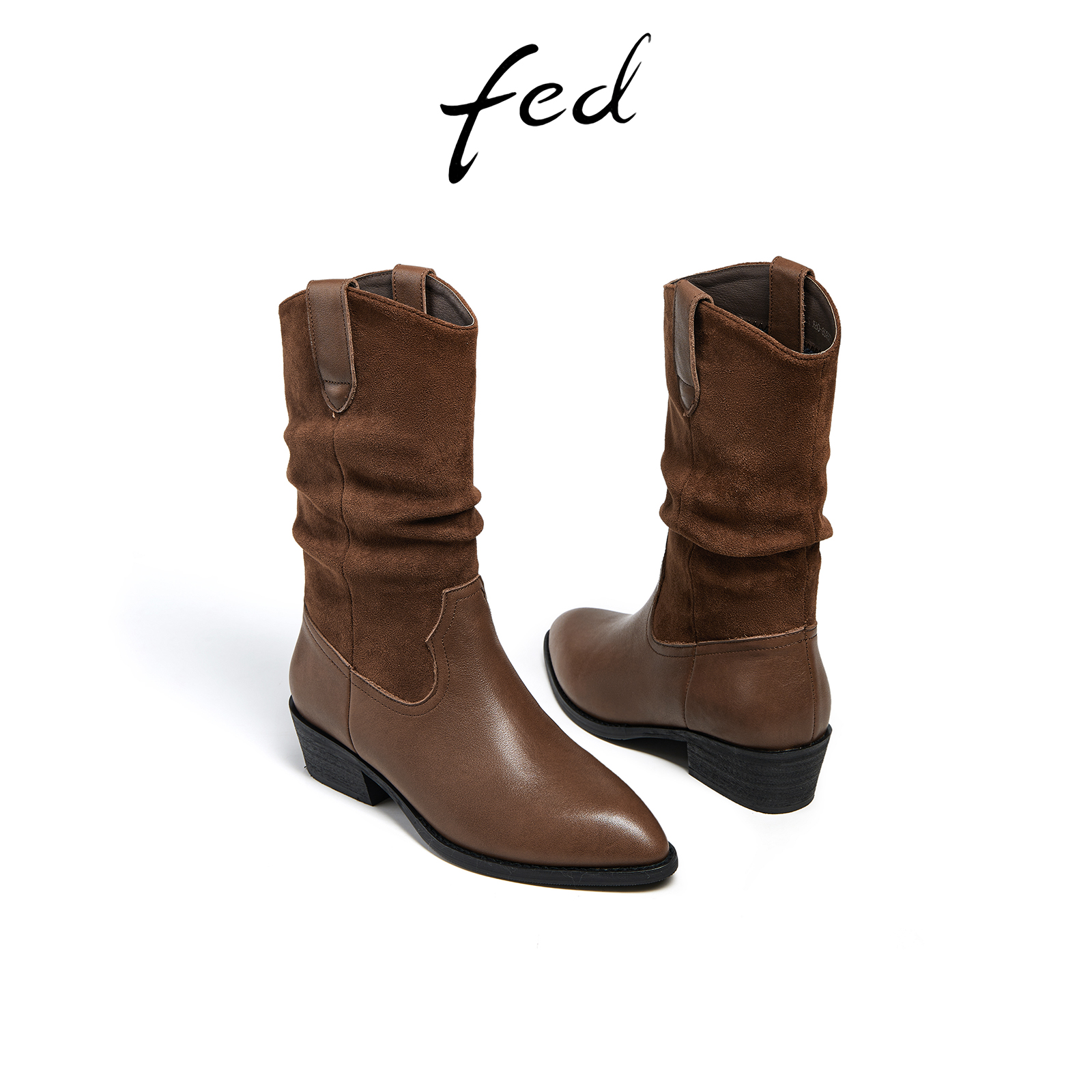 FED 尖头时装靴冬季新款靴子加绒中筒靴真皮堆堆靴女R1124-ZFA928 669元（需用